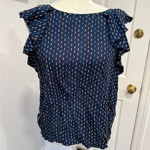 LOFT Navy Blue Patterned Blouse with Ruffle Sleeves